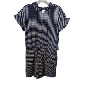 Doe & Rae Hooded Short Sleeve Shorts Romper Sz Large Navy White Stripe Nautical